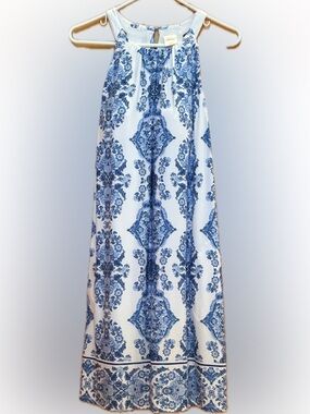 Soma Blue and White Paisley Soft Knit Halter Dress with Built In Bra Racer Back